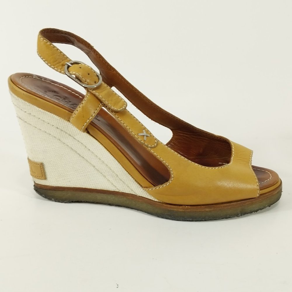 Vintage Chanel Sandals Womens 4 - 5 Wedge Tan Leather Strap Logo Designer Shoes